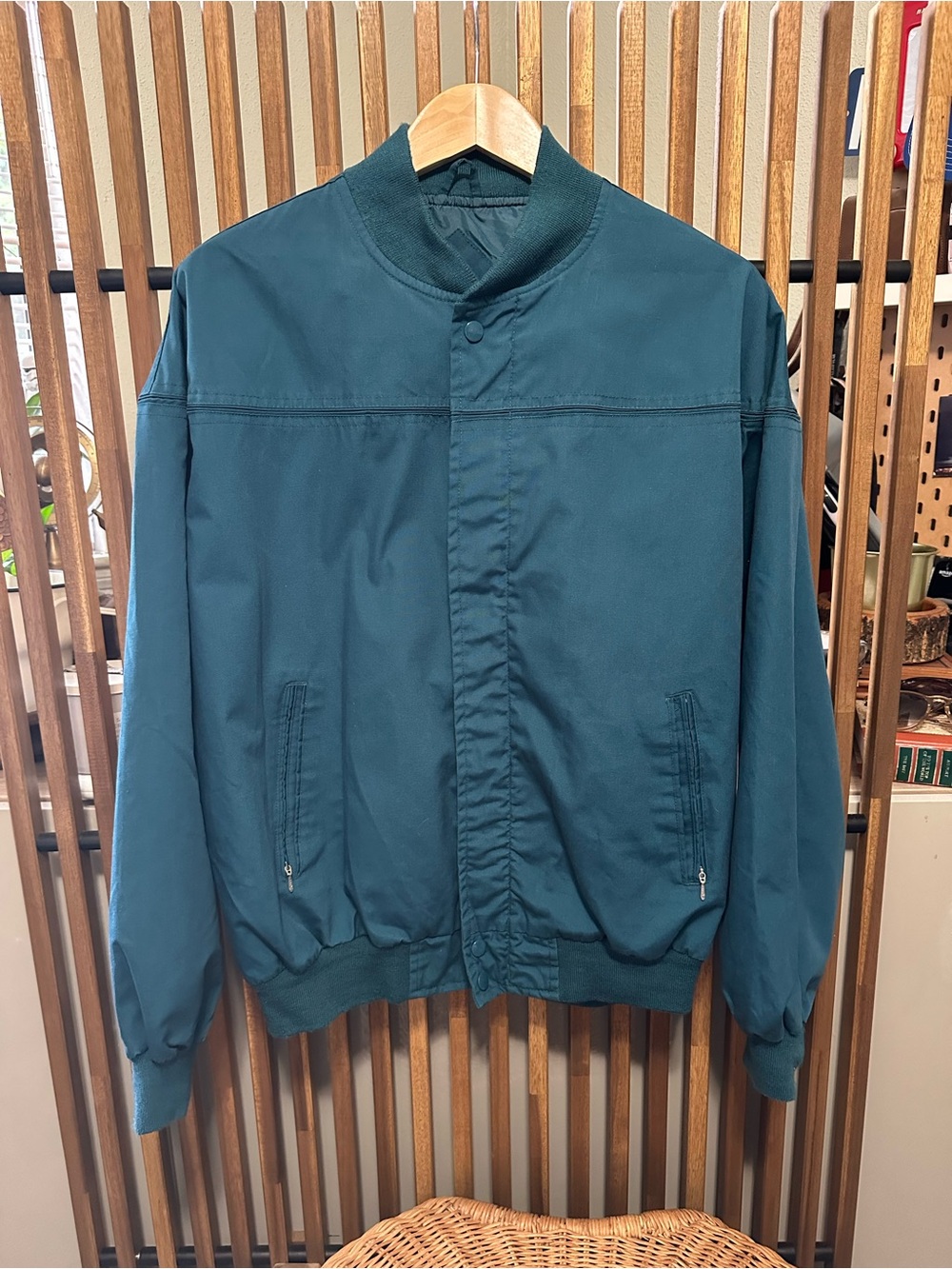 Vintage Teal Green Derby Style Bomber Jacket Lightweight Windbreaker M